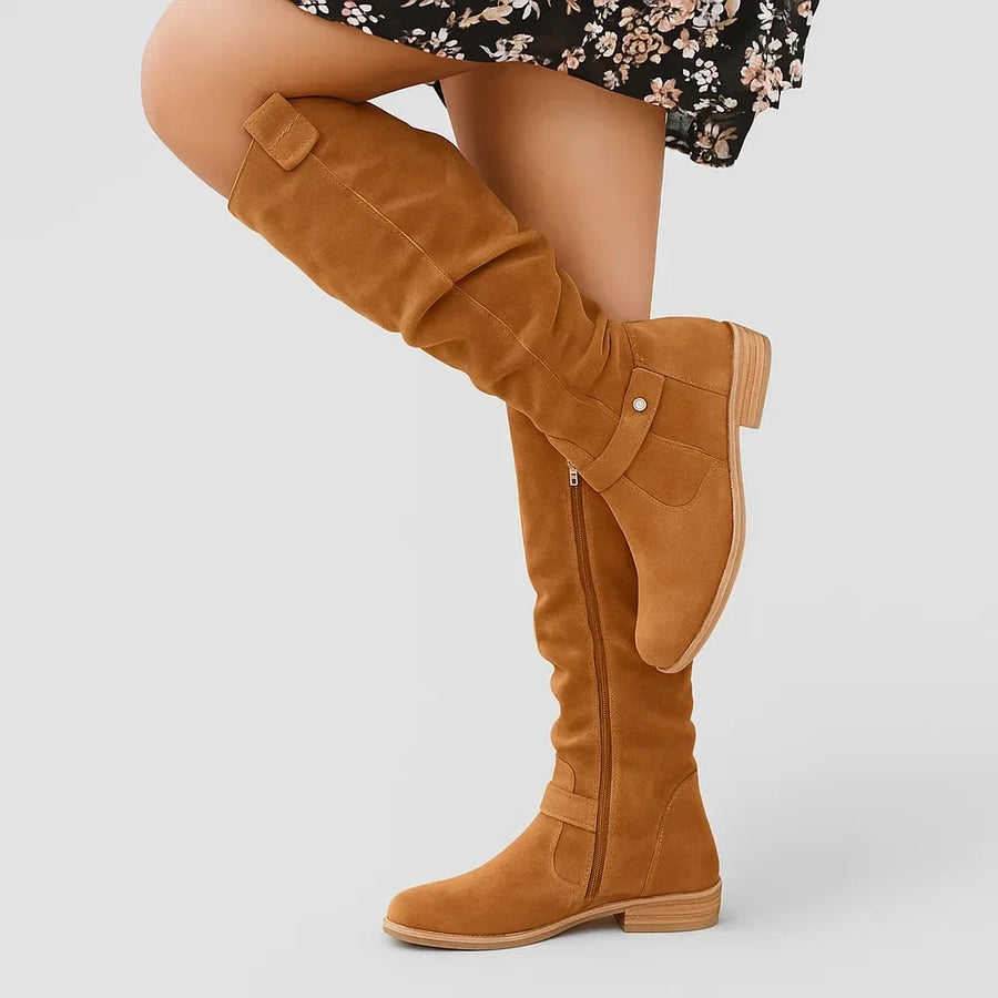 Damen Kniehohe Stiefel mit niedrigem Blockabsatz und Reißverschluss