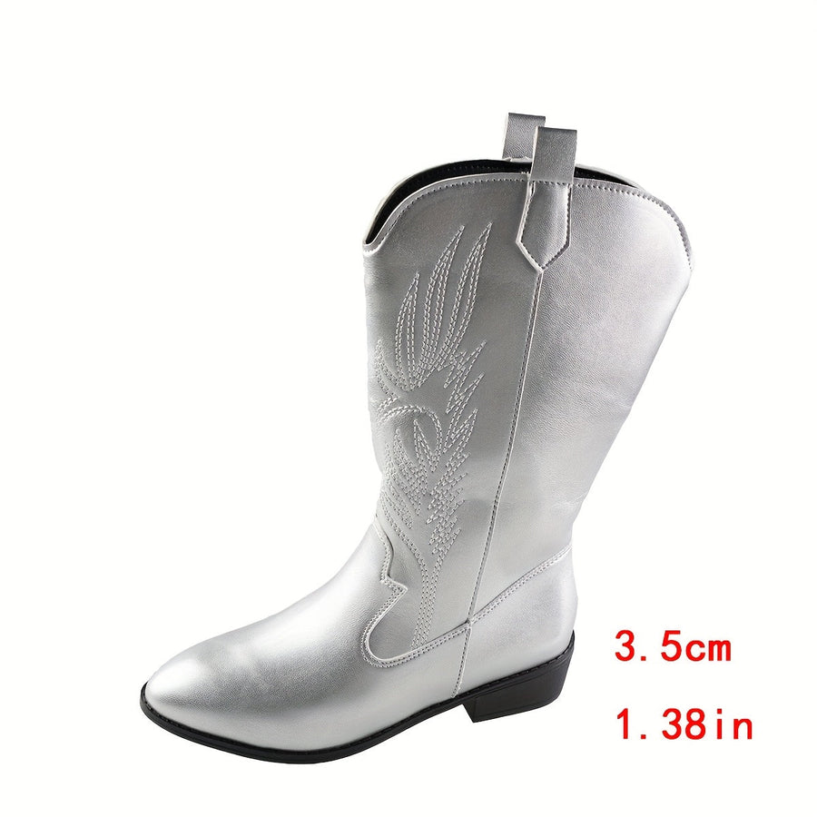 Silberne Cowboystiefel für Damen mit Stickerei und spitzer Zehenpartie