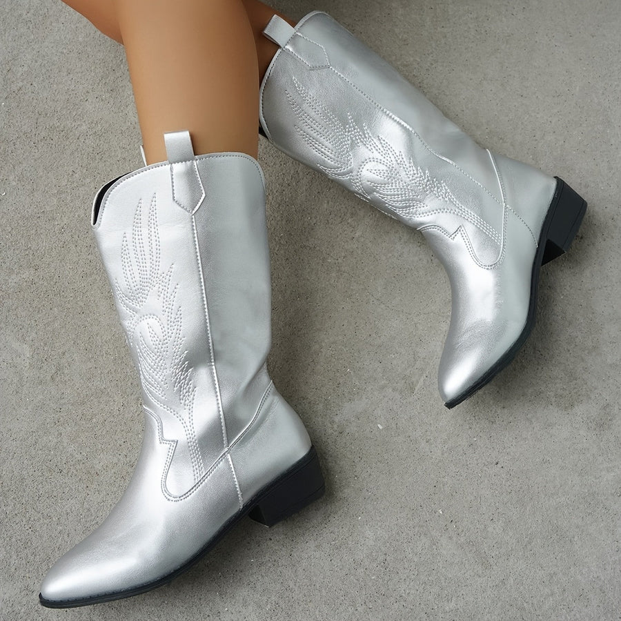 Silberne Cowboystiefel für Damen mit Stickerei und spitzer Zehenpartie