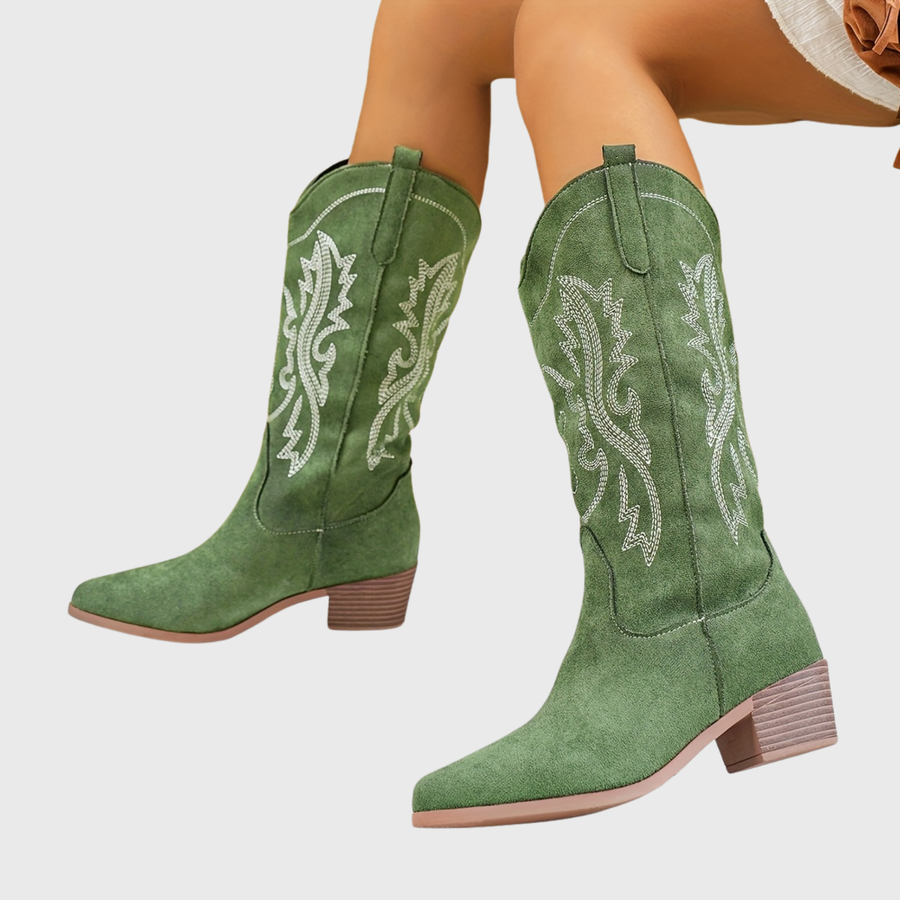 Dameswesternlaarzen met suède-look en borduursel, beige
