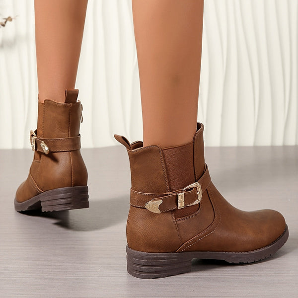 Braune Stiefeletten für Damen mit Schnallendetail und seitlichem Reißverschluss