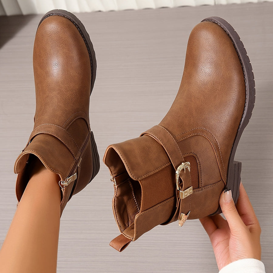 Braune Damen Stiefeletten mit Schnallen-Detail und seitlichem Reißverschluss