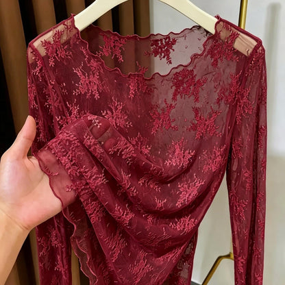 Damen Langarm Mesh-Top mit floraler Stickerei und femininen Details – Elegantes Statement für besondere Anlässe