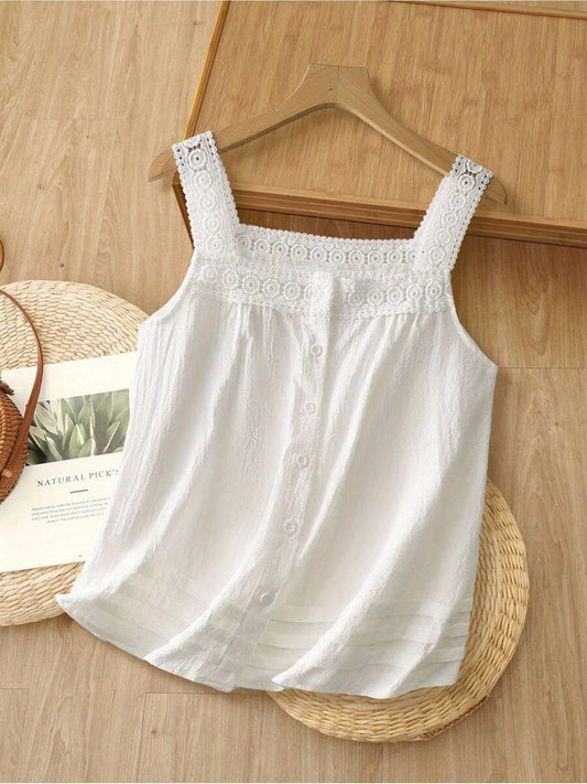 Damen Spitzen-Top mit Knopfleiste und quadratischem Ausschnitt – Romantische ärmellose Bluse für Freizeit und Alltag