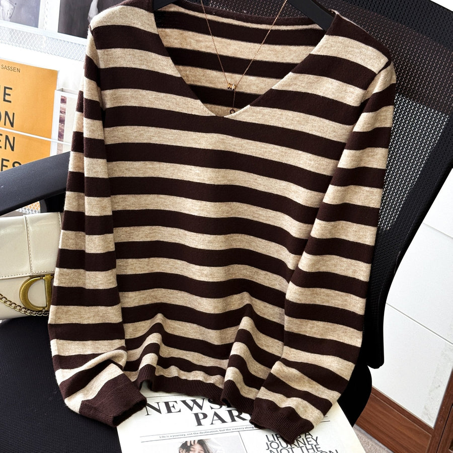 Damen Pullover Gestreift V-Ausschnitt Langarm Strick