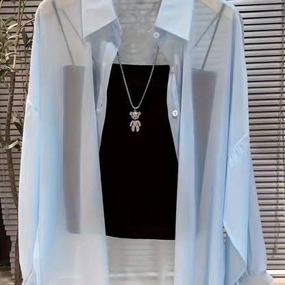 Damen Elegantes Zweiteiler-Set mit Transparenter Bluse und Bandeau Top – Modisches Layering für Alltag und Ausgehen