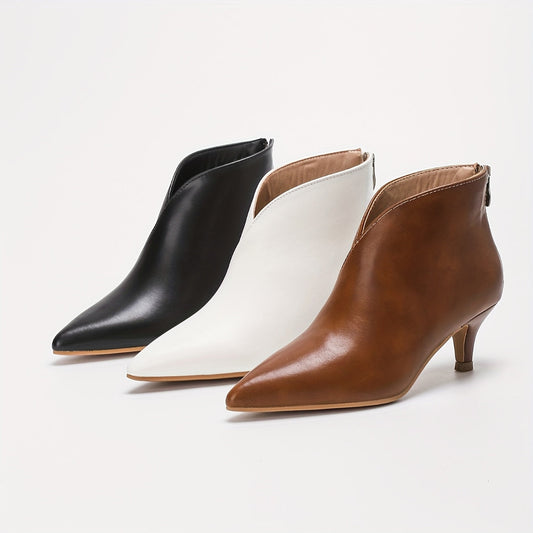 Damen Stiefelette Spitz Zehen Kitten-Absatz Reißverschluss Kurzstiefel Schwarz