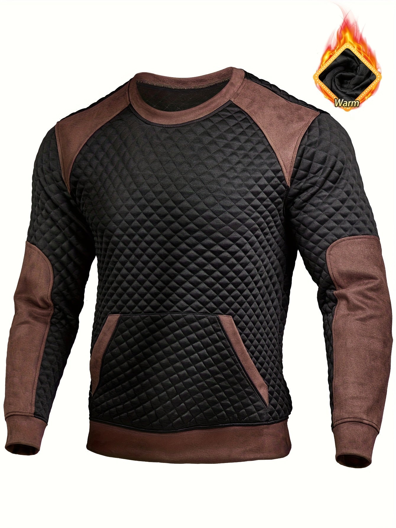 Herren Stepp-Sweatshirt Rundhals Schwarz-Braun mit Kängurutasche
