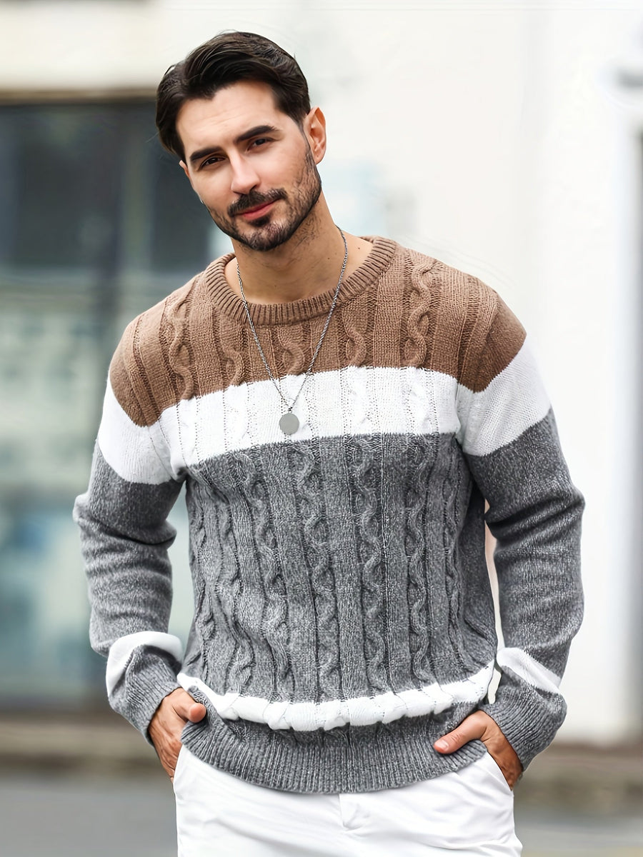Herren Strickpullover Rundhals Zopfmuster Mehrfarbig Gestreift