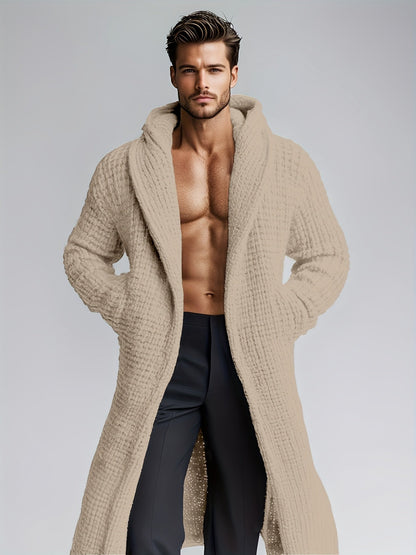 Herren Strickmantel mit Kapuze | Langer Bademantel in Waffelstruktur