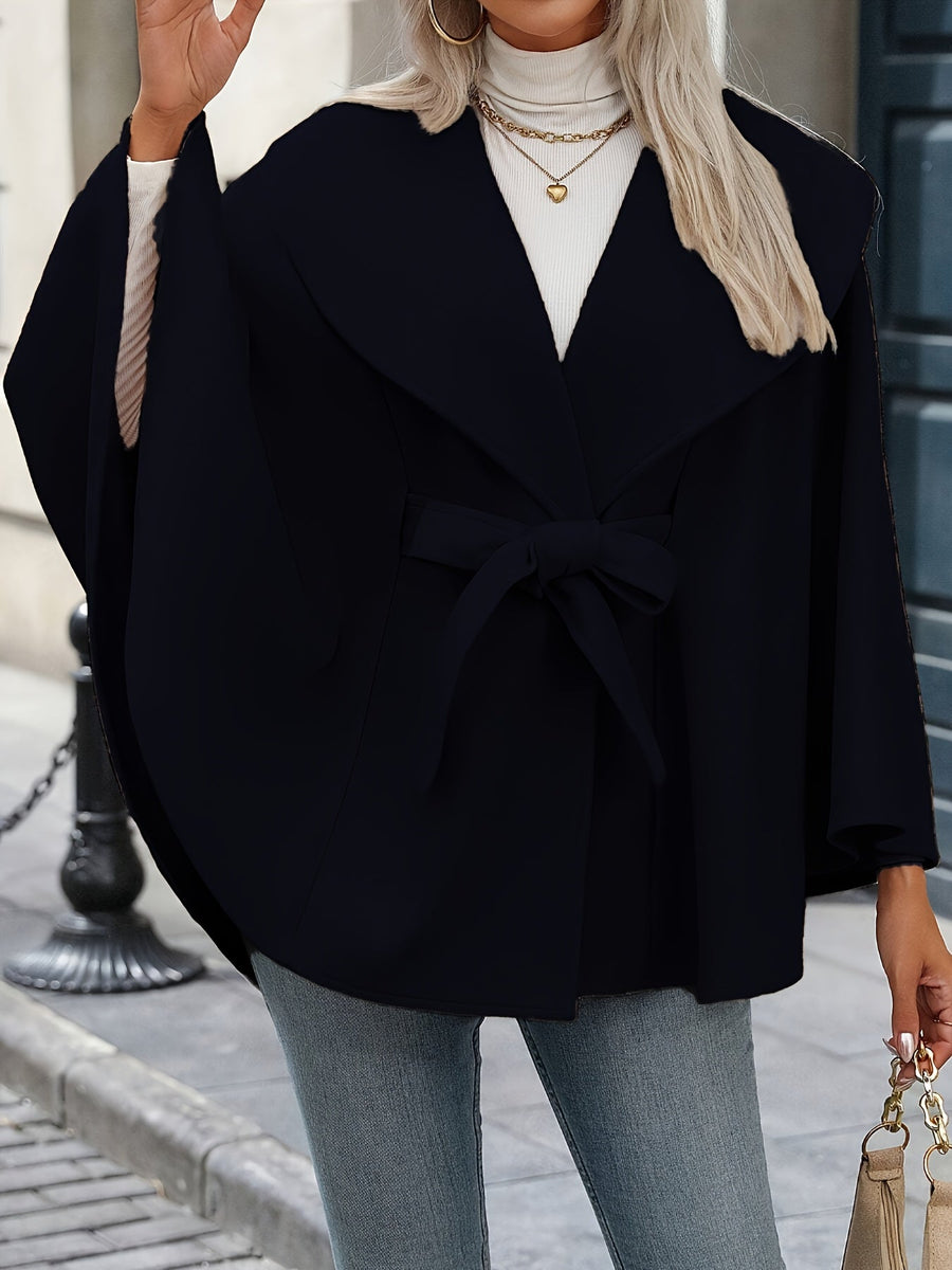 Damen Cape Mantel mit Bindegürtel, Wickelkragen und weitem Schnitt