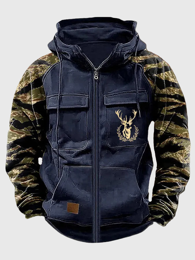 Unisex hoodie met ritssluiting, capuchon, camouflageprint op de mouwen en hertenmotief