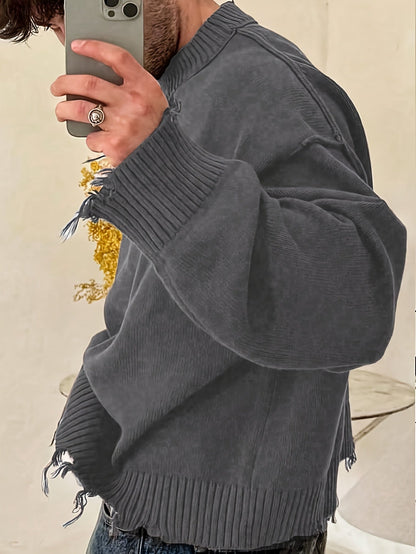 Unisex Distressed Pullover mit Rundhals und Rippstrickbündchen