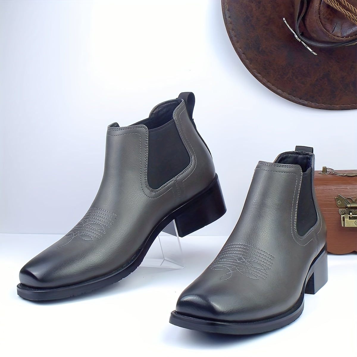 Chelsea Boots mit Western-Stickerei, Blockabsatz und elastischen Einsätzen für Herren