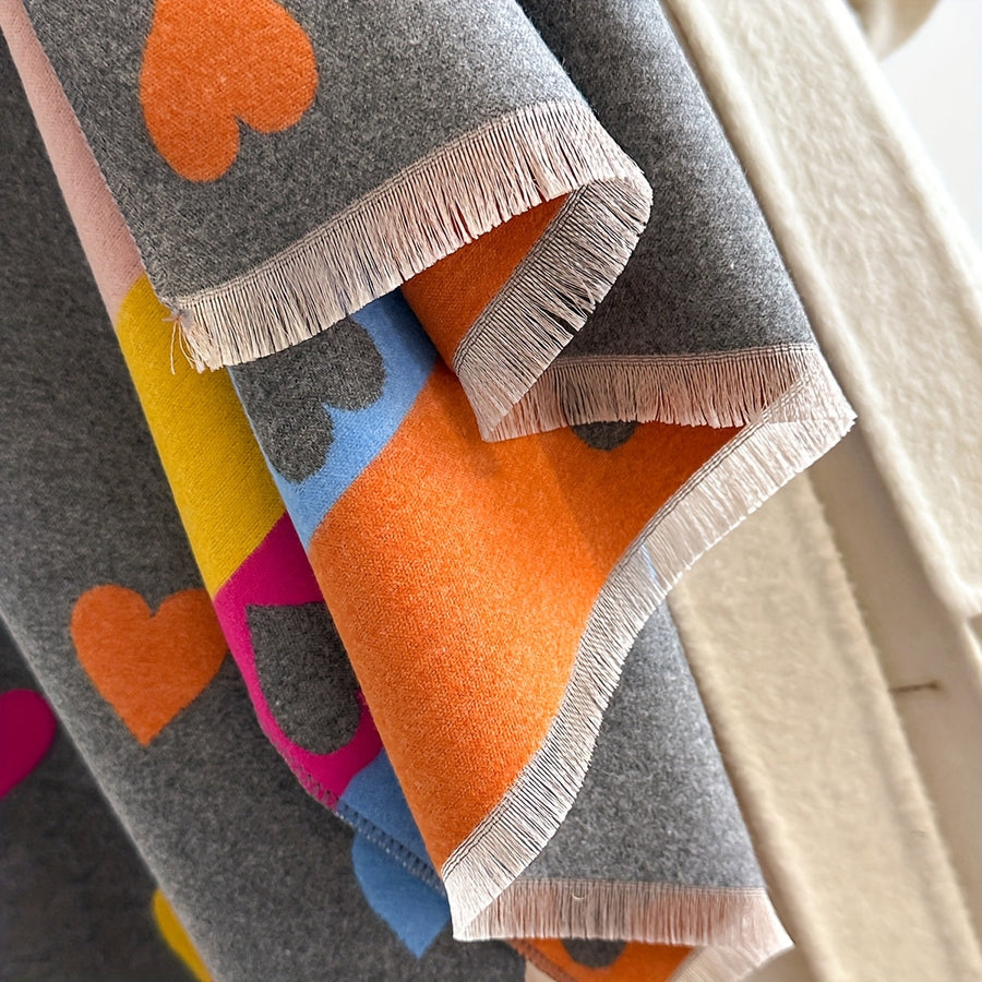 Weicher Schal mit Herzchenmuster – Warmer Winterschal mit Fransenenden
