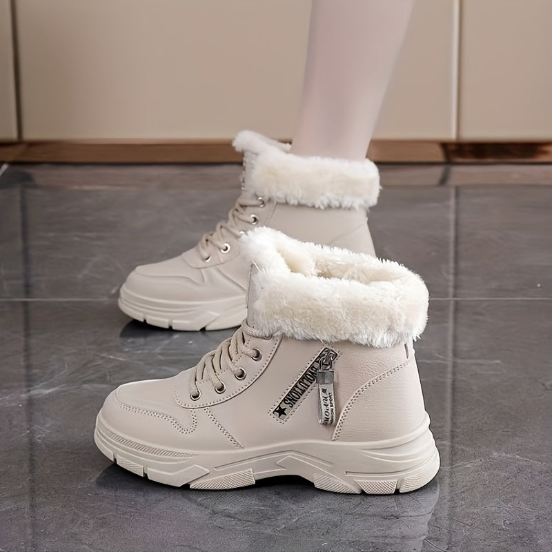 Winterstiefel Damen gefüttert Weiß Khaki Schnürung Profilsohle