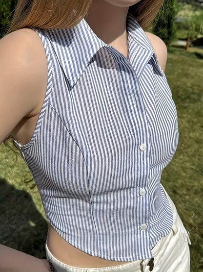 Damen Ärmellose Bluse im Streifen-Look mit taillierter Passform und Kragen – Modisches Business- und Freizeit-Top