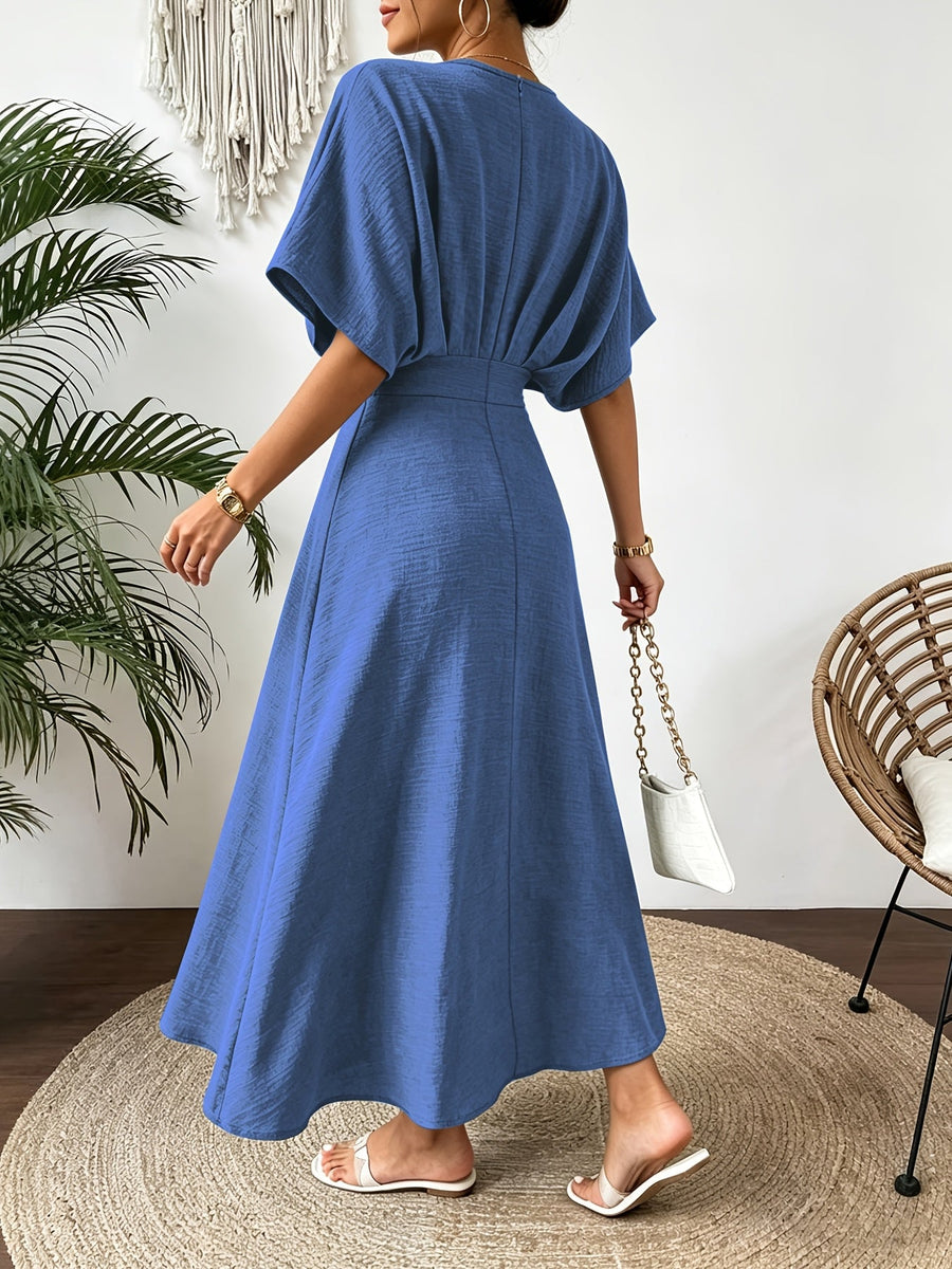 Damen Midi Kleid mit V-Ausschnitt & Fledermausärmeln, Tailliert, Grün