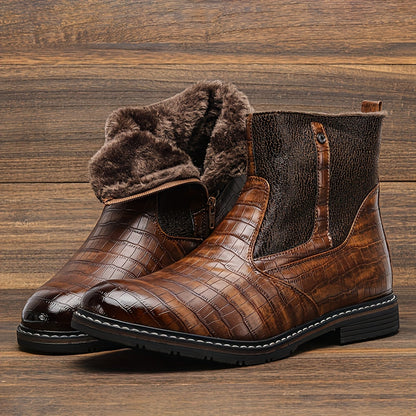 Herren Stiefeletten Dunkelbraun mit Kroko-Prägung und Futter