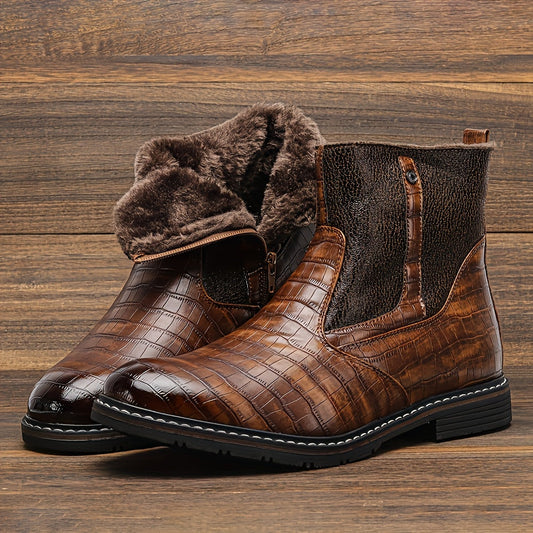 Herren Stiefeletten Dunkelbraun mit Kroko-Prägung und Futter