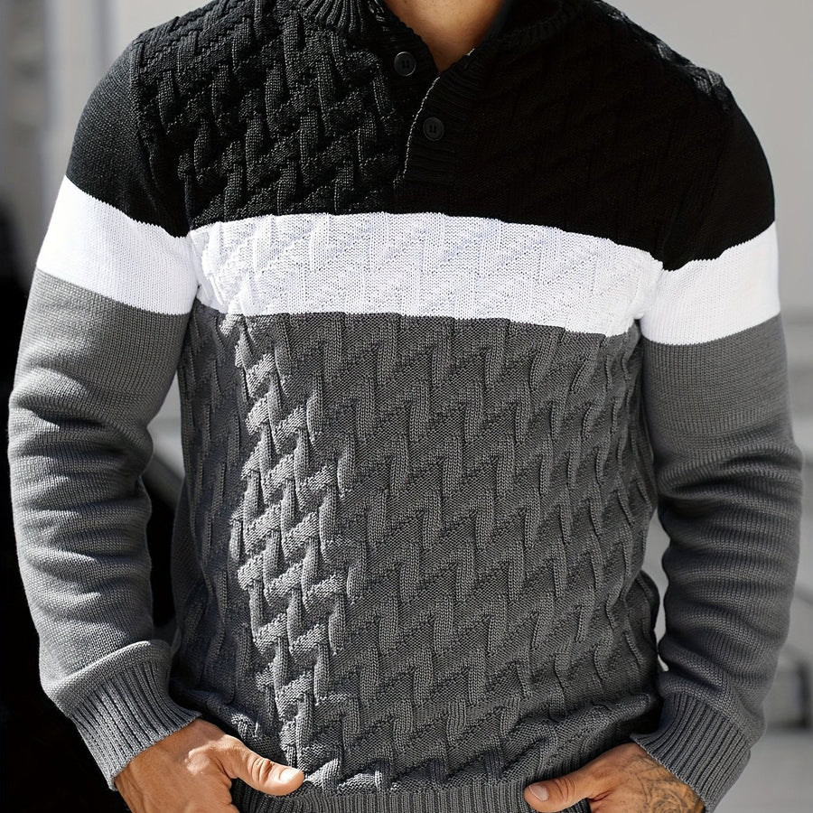Herren Strickpullover mit Stehkragen und Knopfleiste, Farbblock Design