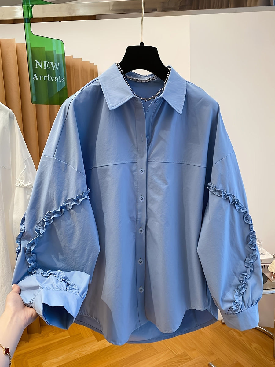 Damen Bluse Langarm Hellblau mit Rüschendetails an den Ärmeln