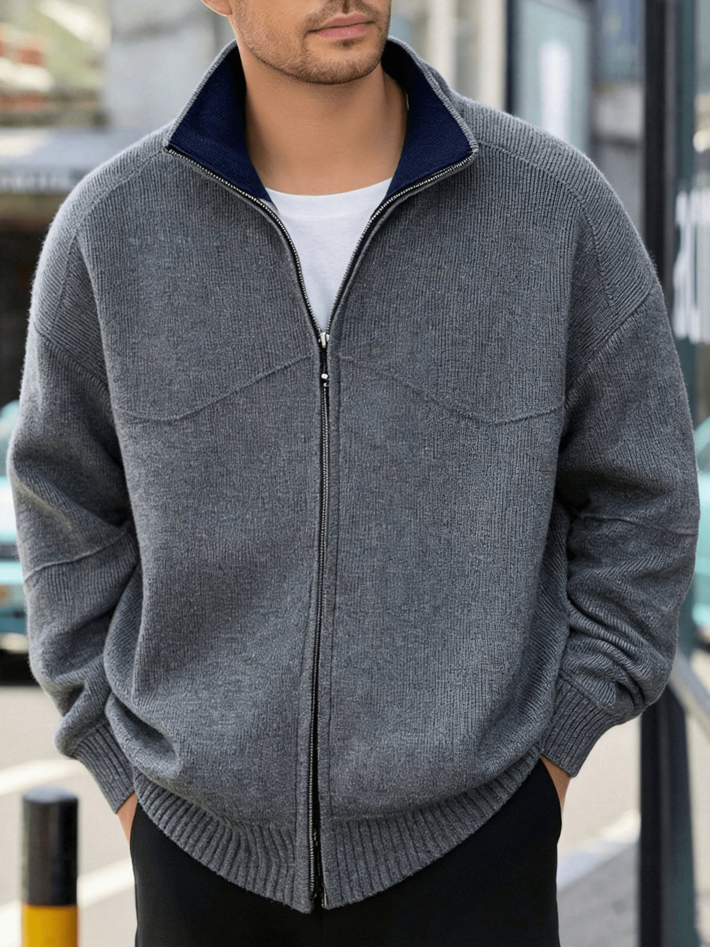 Herren Strickjacke Reißverschluss Stehkragen Dunkelgrau