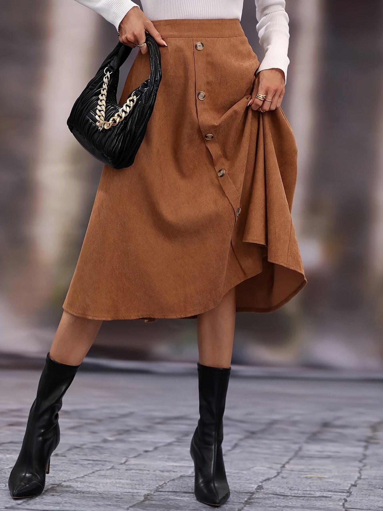 Damen A-Linien Rock Midi mit Knopfleiste Hoher Taille Braun