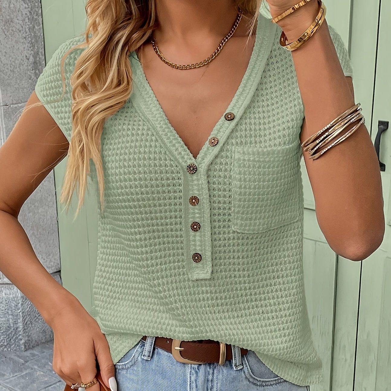 Damen Henley Shirt mit Knopfleiste und Struktur – Lässiges Kurzarm-Oberteil für Alltag und Freizeit
