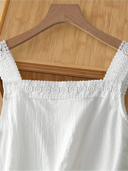 Damen Spitzen-Top mit Knopfleiste und quadratischem Ausschnitt – Romantische ärmellose Bluse für Freizeit und Alltag