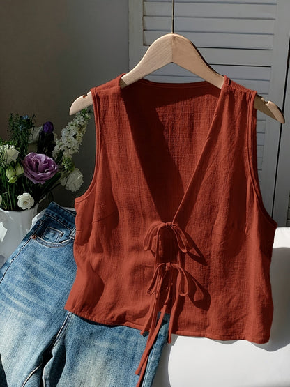 Damen ärmellose Weste mit Schleifen-Detail und V-Ausschnitt – Modische Layering-Weste für Freizeit und Alltag