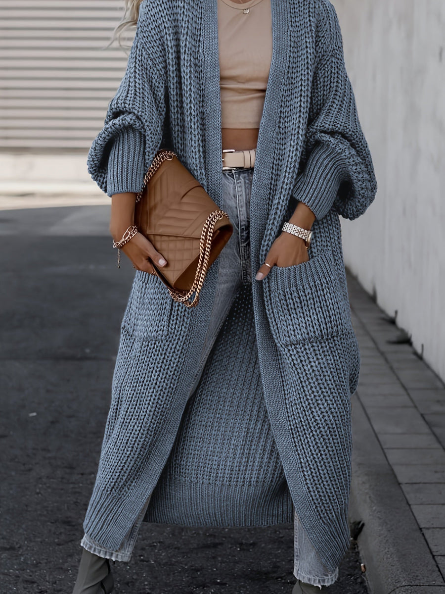 Damen Grobstrick Cardigan Lang Offen Strickjacke mit Taschen