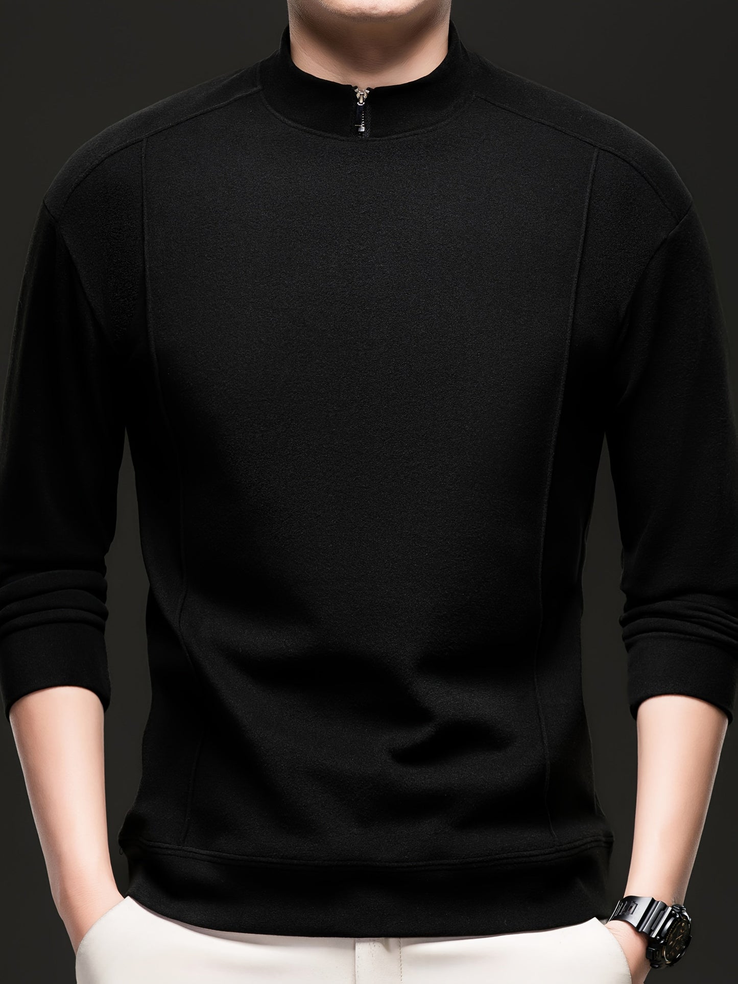 Herren Halb-Reißverschluss Pullover Stehkragen Langarm Shirt Uni