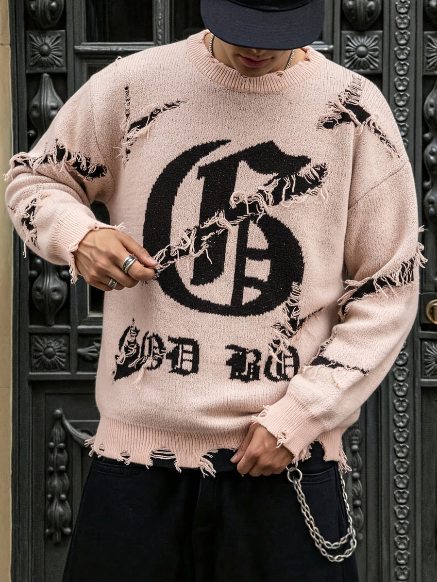 Distressed Pullover mit Rundhalsausschnitt und Gothic-Print