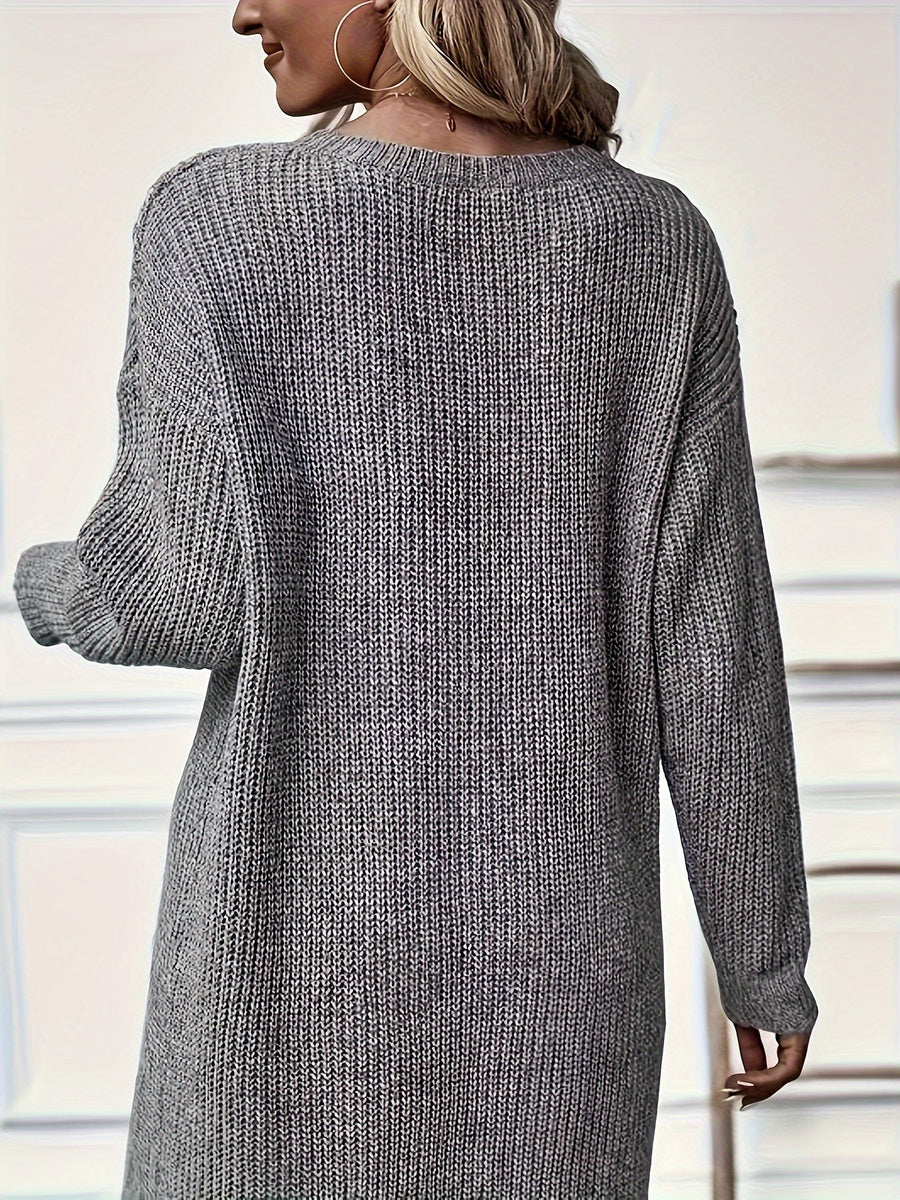 Damen Strickpullover Lang Asymmetrisch Grau V-Ausschnitt
