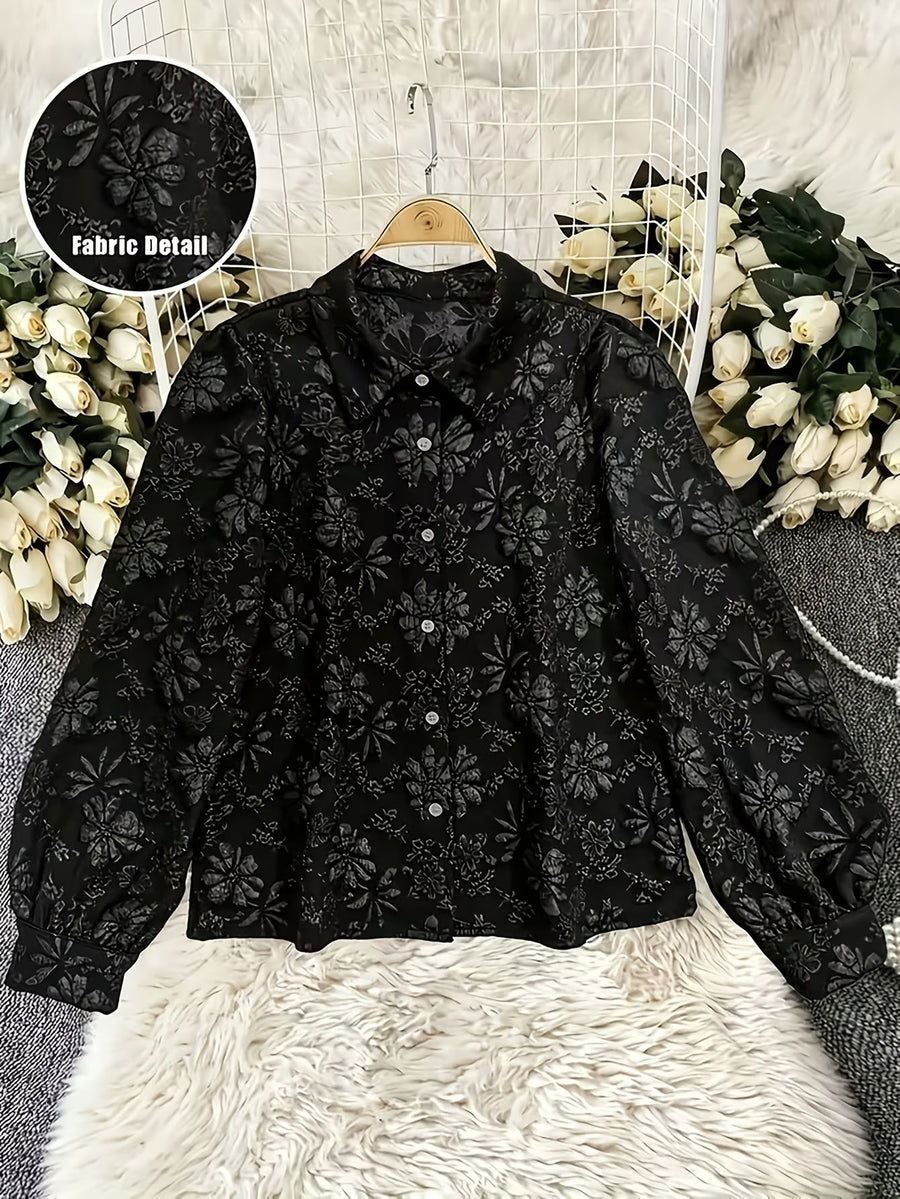 Damen Kurzarm Bluse Schwarz Jacquard-Muster Langarm Hemdbluse mit Ballonärmeln