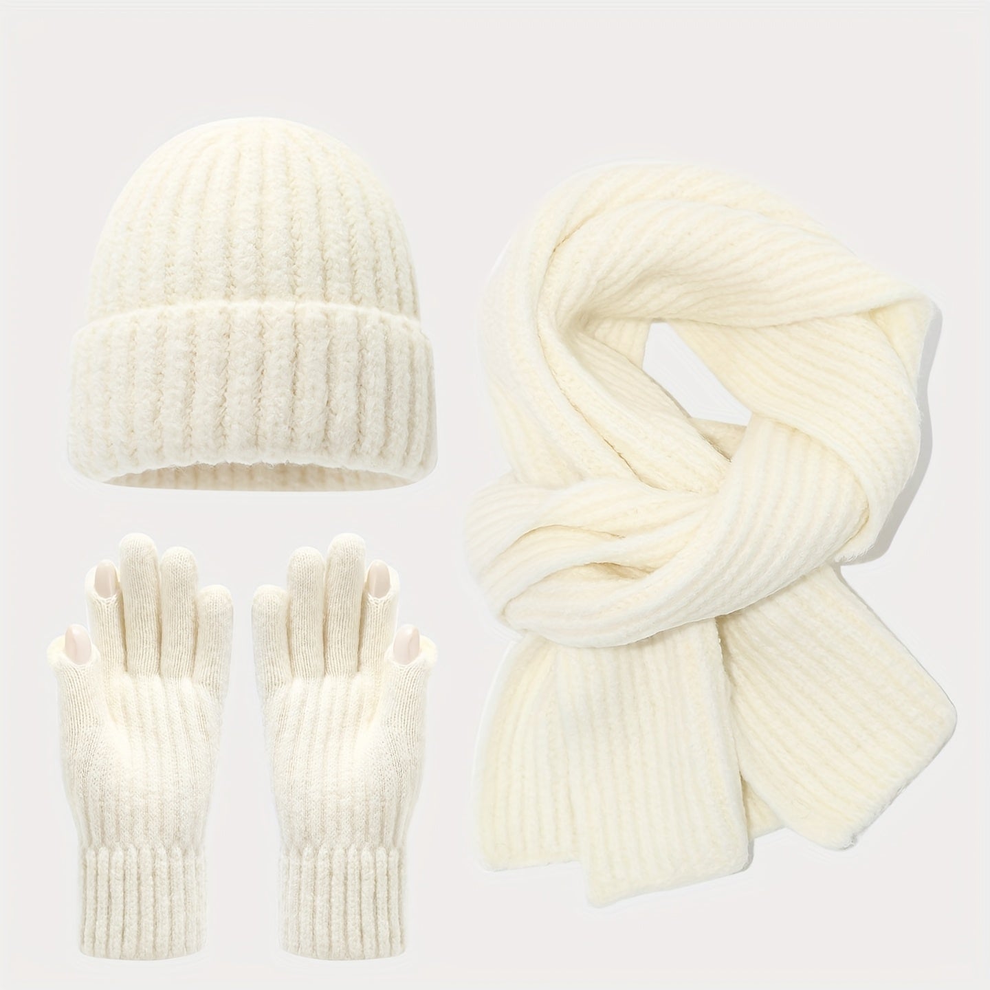 Unisex Strickmütze Schal Handschuh Set Gerippt Beige Winter Accessoire