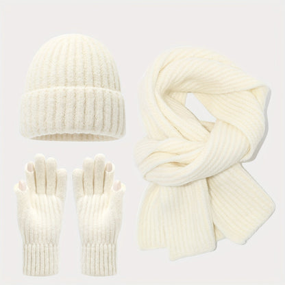 Unisex Strickmütze Schal Handschuh Set Gerippt Beige Winter Accessoire