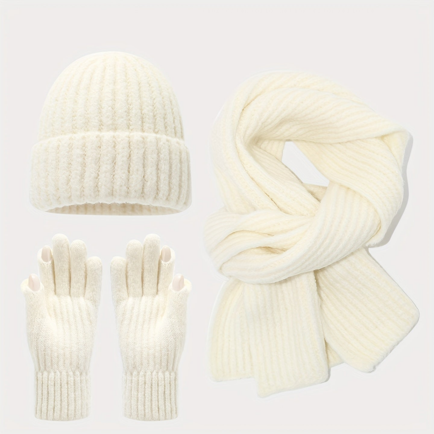 Unisex Strickmütze Schal Handschuh Set Gerippt Beige Winter Accessoire