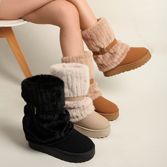 Damen Winterstiefel mit Kunstfell und Schnalle, gefüttert, in Beige, Braun und Schwarz