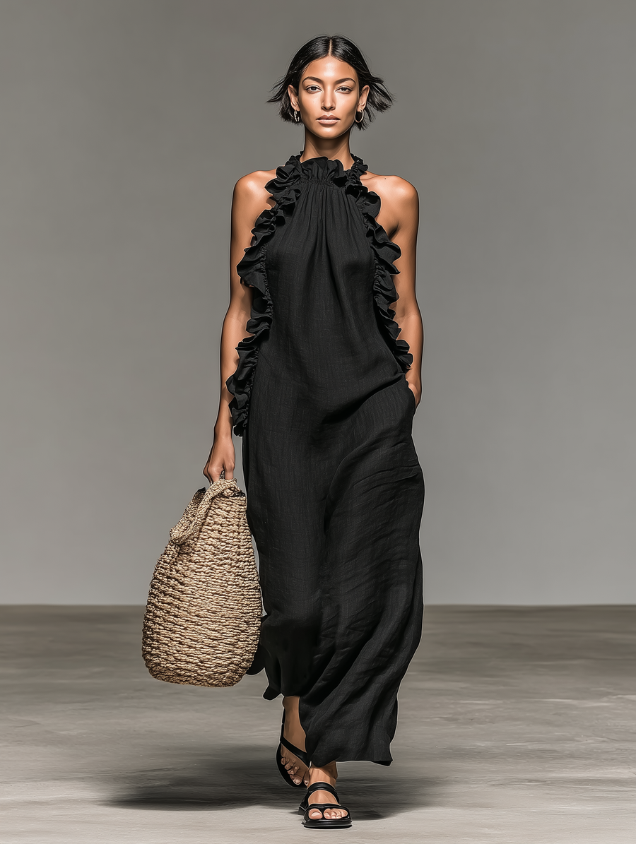 Damen Maxikleid mit Rüschenkragen und Volants, ärmelloses Sommerkleid mit Halfterausschnitt