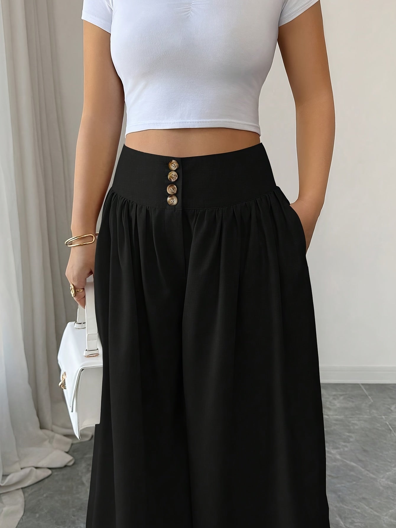Damen Weite Palazzo-Hose mit High Waist und Knopfdetails – Elegante Freizeit- und Ausgeh-Hose
