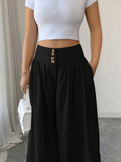 Damen Weite Palazzo-Hose mit High Waist und Knopfdetails – Elegante Freizeit- und Ausgeh-Hose