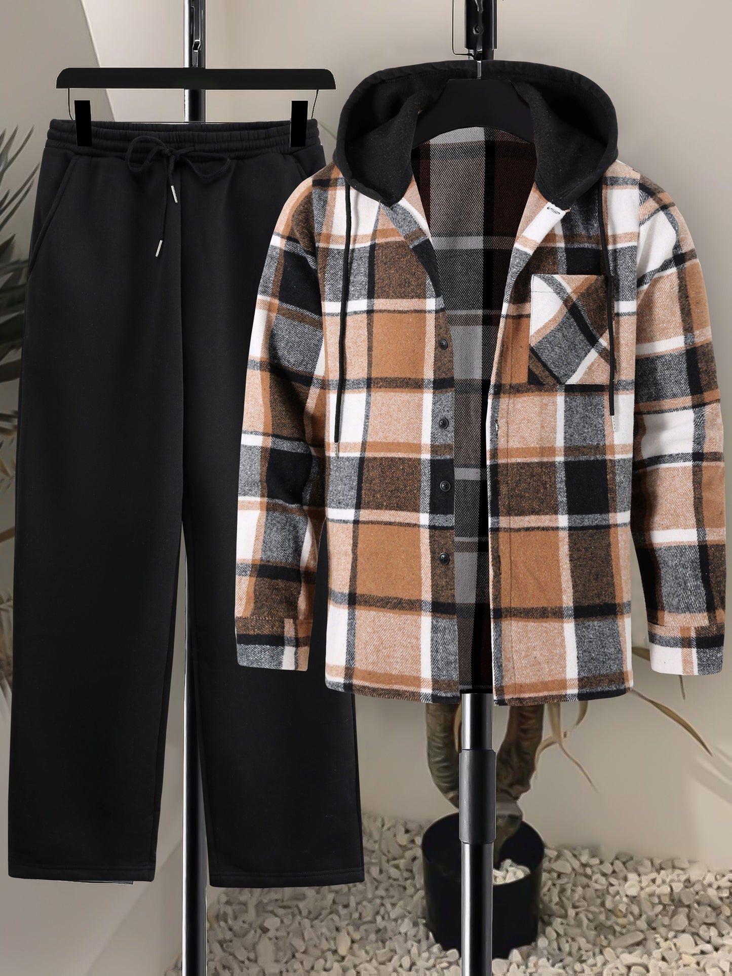 Herren Kariertes Flanell Hemd mit Kapuze & Einfarbige Jogginghose Set Grau