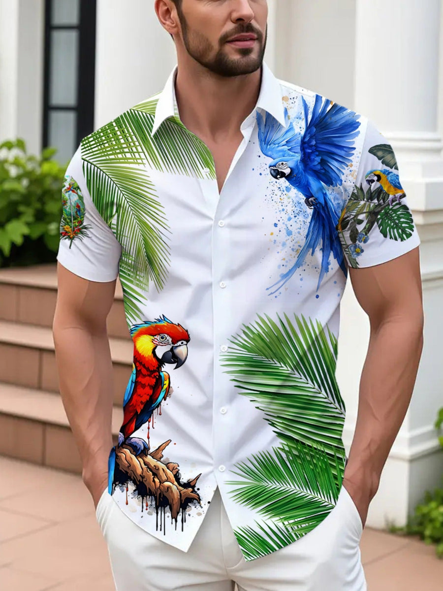 Herren Hawaiihemd mit Papageien-Print und tropischem Palmen-Design – Kurzarm, Freizeit, Sommer