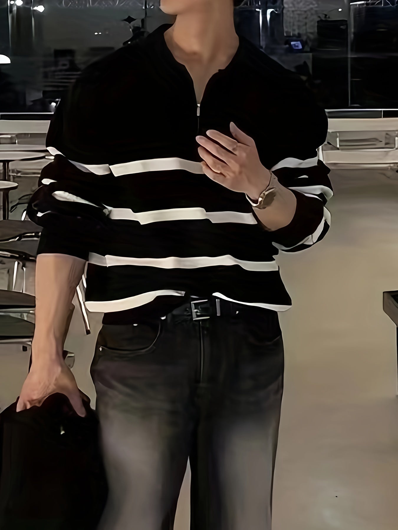 Unisex Langarm-Poloshirt mit Reißverschluss und Streifenmuster