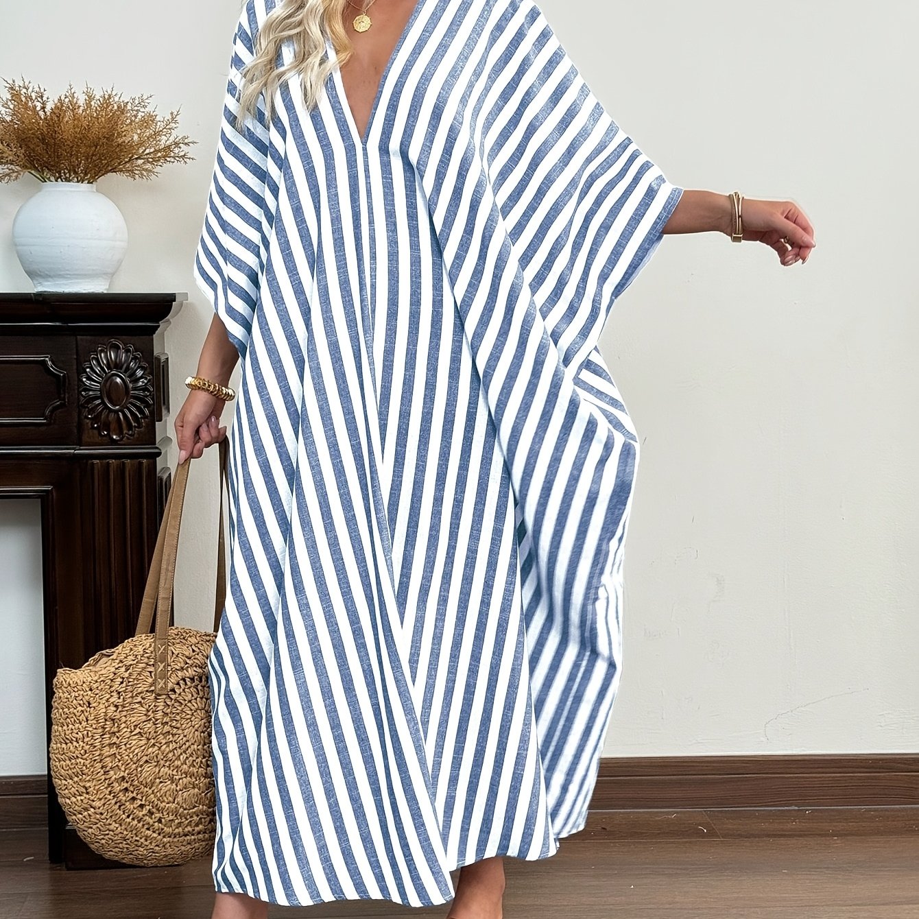 Damen Kaftan Maxikleid mit Streifen – Entspannter Boho-Style für Urlaub & Strand