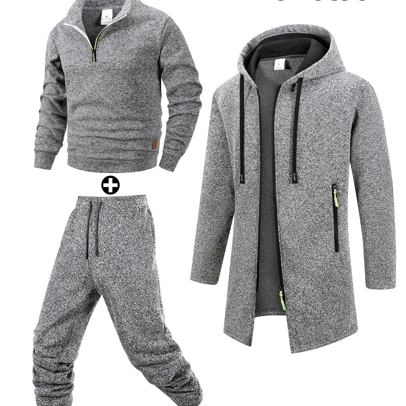 Herren 3-teiliger Trainingsanzug Set mit Kapuzenmantel, Pullover und Hose