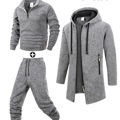 Herren 3-teiliger Trainingsanzug Set mit Kapuzenmantel, Pullover und Hose