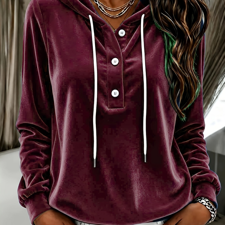 Damen Hoodie Samtoptik mit Kapuze und Knopfleiste, Langarm Sweatshirt Freizeitoberteil